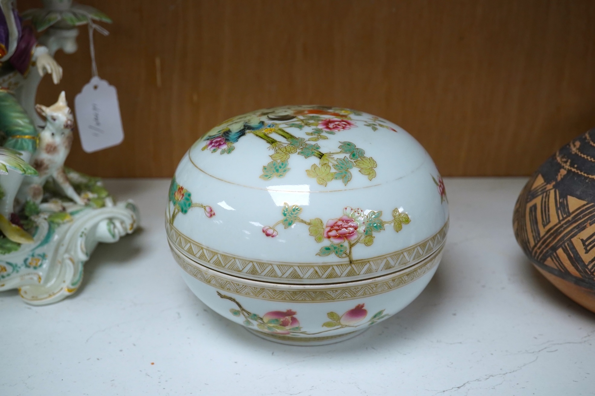 A Chinese famille rose ’chickens’ box and cover, possibly Republic period, with mark, 13cms high. Condition - good